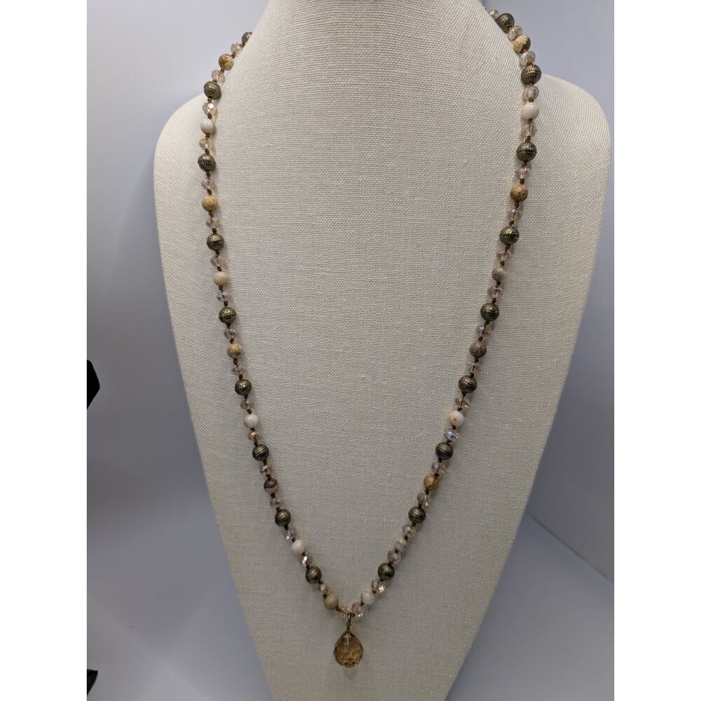 Sigrun Beaded Necklace Long Crystal & Stone Pendant Vintage Style